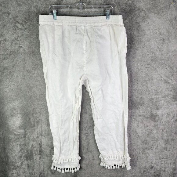 Womens White Crown & Ivy Tassel Hem Pants 100% Linen Hi Rise Elastic Waist XL - Picture 7 of 12